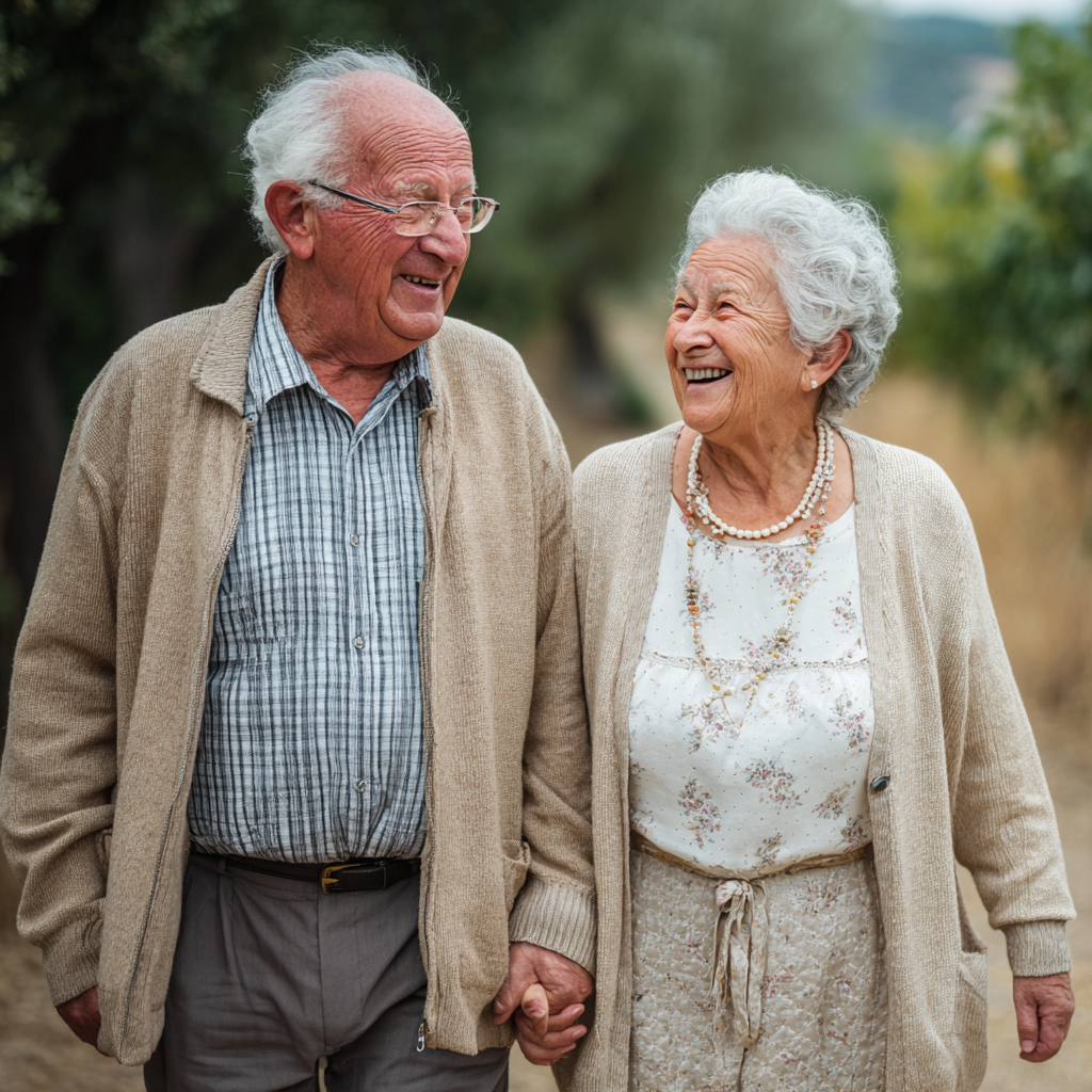 happy senior couple walking together in a park holding hands with trees and nature in background