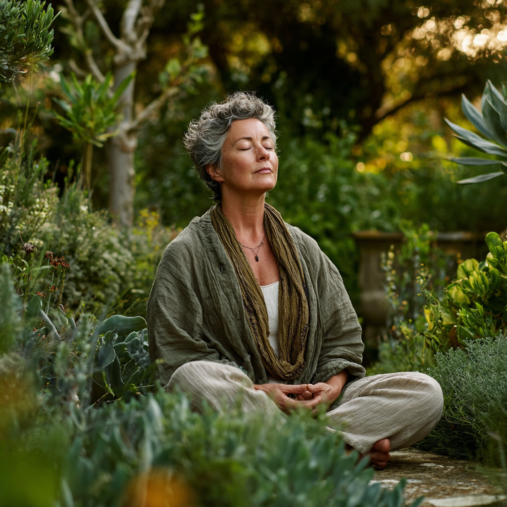 middle-aged woman with peaceful expression practicing meditation outdoors in a garden setting surrounded by green plants