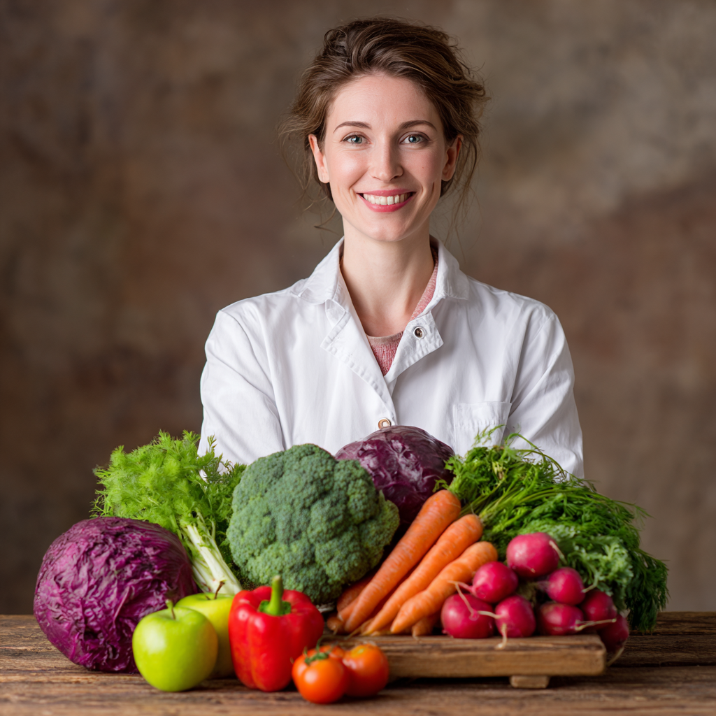 nutritionist woman holding fresh vegetables and fruits with colorful healthy food spread on wooden table